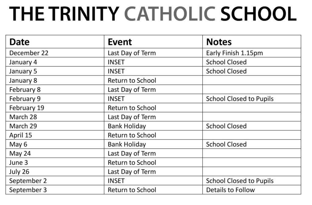 Calendar The Trinity Catholic School Secondary & Sixth Form